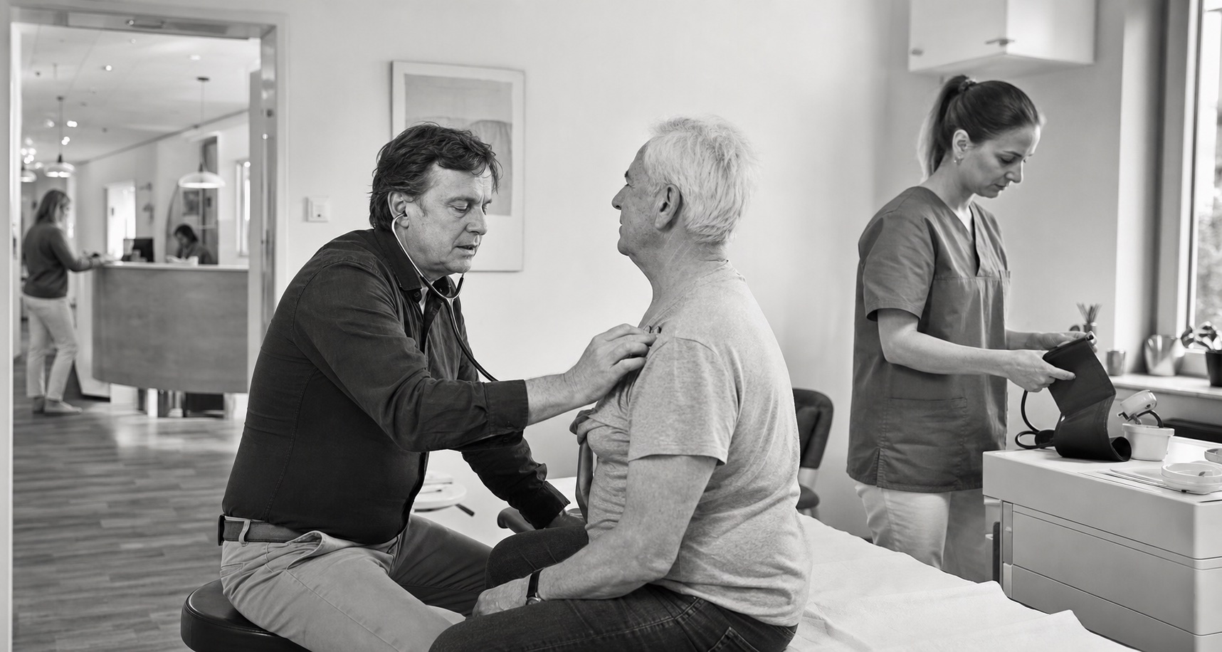 Ein Hausarzt untersucht einen Patienten, während eine MFA die nächste Messung vorbereitet